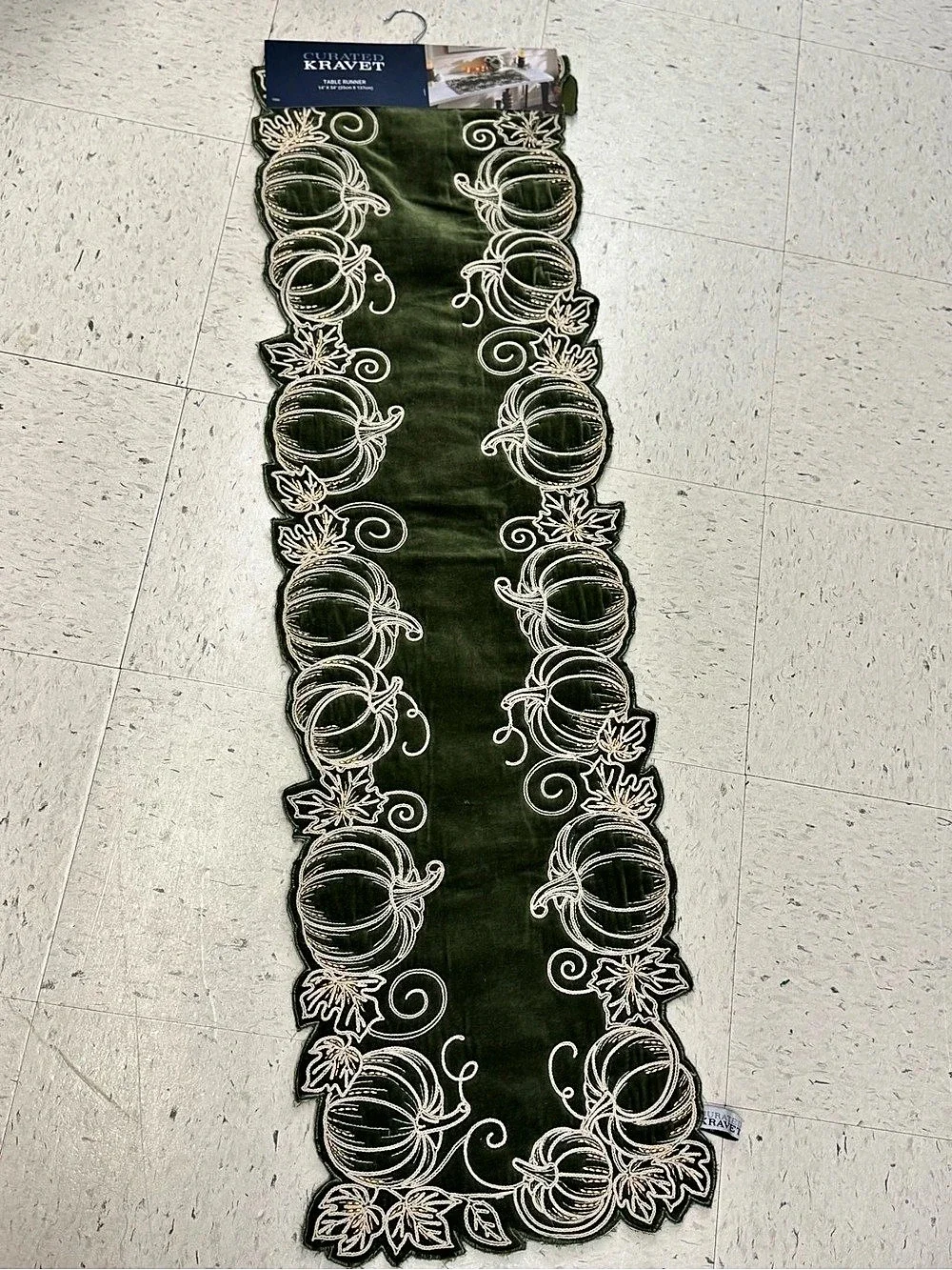 Embroidered Pumpkin Table Runner Green & White NWT